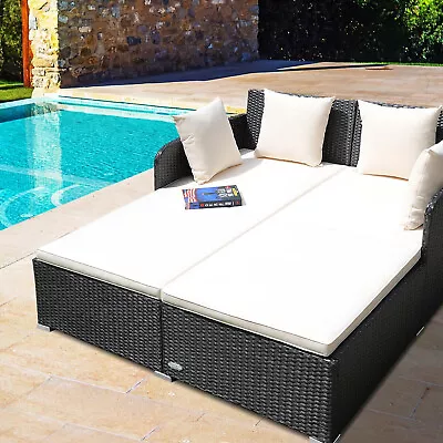 Outdoor Patio Day Bed Lounge Chair W Cushion Rattan Wicker Loveseat Sofa Beige • $227.90