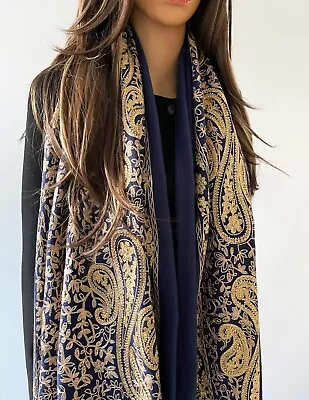 Ladies Long Paisley Scarf Pashmina Shawl Wrap Gold Wedding Shawl Sparkly Scarf • £19.94