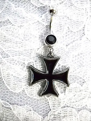 PEWTER IRON CROSS PENDANT With BLACK INLAY On 14g BLACK CZ BELLY RING BARBELL • $11.99