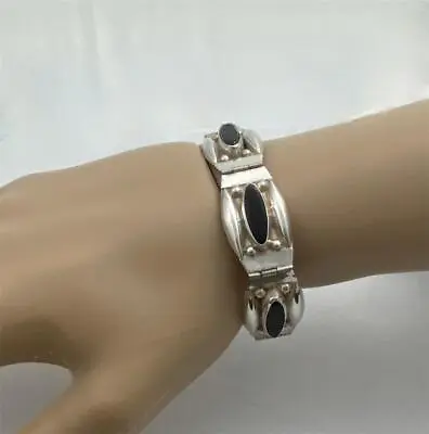 925 Sterling Silver Mexico Black Onyx Panel Bracelet 7  Long • $48