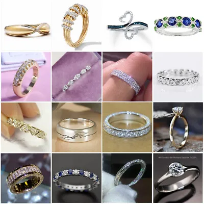 £2.99 • Buy 925 Silver Gold Rings Women Cubic Zirconia Ring Wedding Jewelry Gifts Size 6-10