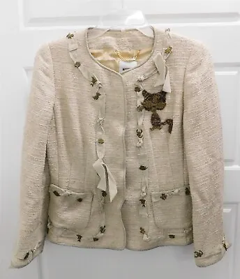 Moschino Beige Linen Wool Cat Charm Jacket Blazer Italy Sz 4 • $424.99