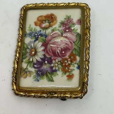 Vintage Limoges Brooch Gold Tone Frame White Porcelain Floral • £19.99