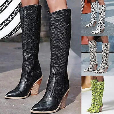 Beautiful Print Western Knee High Boots Calf Chunky Women Chunky Stacked Heel • $76.55