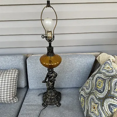 Vintage Table Lamp Cherub Amber Glass Cast Iron Bronze Hollywood Regency • $39.99