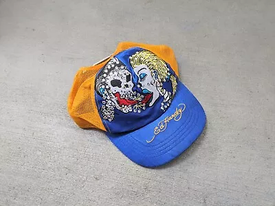 Christian Audigier Ed Hardy Trucker Hat SnapBack Cap Blue Yellow Satin Skull • $30