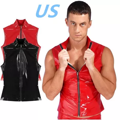 US Mens Patent Leather Waistcoat Vest Tank Top Zipper Sleeveless Jacket Clubwear • $14.94