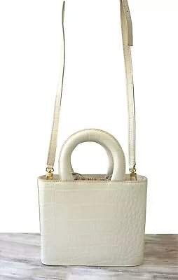 STAUD Croc Embossed Cream Leather Structured Shoulder Crossbody Top Handle Bag • $146