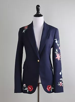 ZARA Woman Lined Floral Embroidered Navy Structure Blazer Jacket Top Size Medium • $44.99