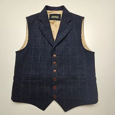 Orvis Mens Vest Medium Blue Brown Check 100% Wool Classic Windowpane Full Lined • $54.99