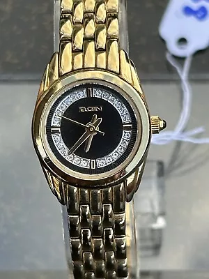 Ladies Elgin Gold Watch With Black Dial And Rhinestones New Battery #EG285N • $20