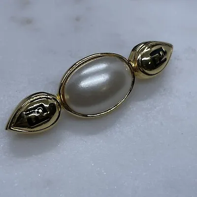 Vintage Fendi Brooch Pin Pearl Logo Gold Tone Signed Small Classic Jewelry Vtg • $85