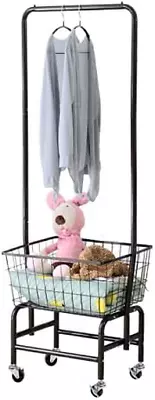 Rolling Laundry Hamper Basket Cart With Wire Storage Rack And Hanging Rack Black • $104.63