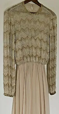 Vintage 70s Victoria Royal Gown Small S Cream Gold Chevron Beaded Maxi Dress  • $183.99