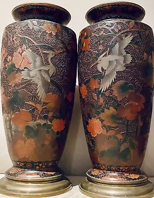 Japanese Meiji CloisonnÉ  Vases Birds Blossoms Tree Bark Shippo Totai Monumental • $1499