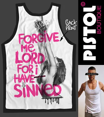 Pistol Boutique Men's White FORGIVE ME LORD TIED UP Back Print Vest Singlet Tank • £25.19