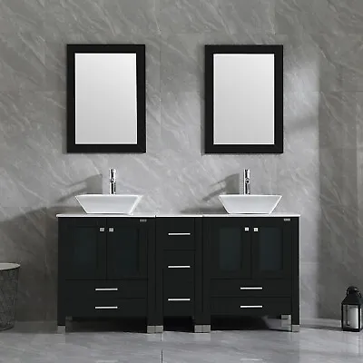 60'' Black Wood Bathroom Vanities W/ Ceramic Sinks Counter Tops Mirrors Faucets • $1099.99