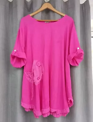 Made In Italy Fushia Pink Linen Lagenlook Ruffle Hem Tunic Top One Size 16 18 20 • £9.90