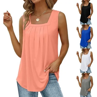 $23.56 • Buy Tank Tops Loose Fit Pleated Square Neck Sleeveless Tops Curved Hem Flowy Blouse