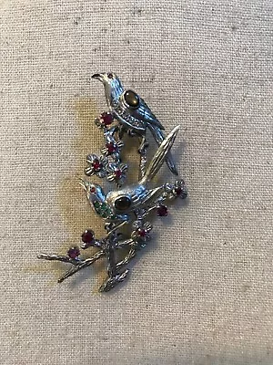 Vintage Sterling Silver Brooch With Two Birds On Branches Rhinestones And Jewels • $39.99