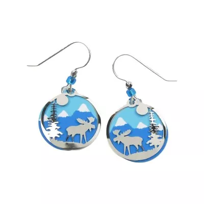 Sienna Sky Earrings Blue Snow Mountain Disc With Shiny Silver Tone Moose Unique • $21.95