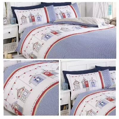 Blue Red & White Reversible Seaside Beach Huts Nautical Stripes Duvet Cover Set • £13.49