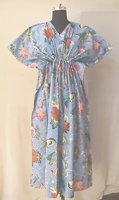 Indian Cotton Blue Floral Printed Kaftan Dress Women's Clothing Kaftan Dress AU • $33.75