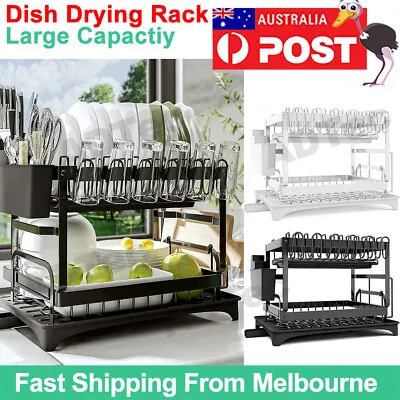 2 Tier Dish Drying Rack Plate Drainer Cutlery Holder Kitchen Organizer Storage • $36.39