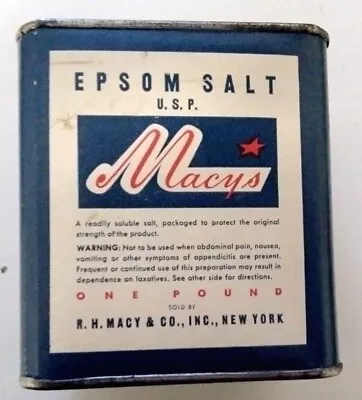 Vintage MACY'S EPSOM SALT 1 LB. Tin R.H. Macy & Co. NY Bathroom Decor • $11.44