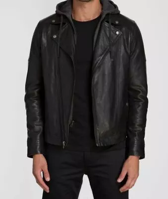 $395 Jared Lang Men's Black Motorcycle Hooded Leather Jacket Size Small • $126.78