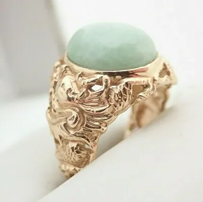 14k Solid Yellow Gold 5.05ct Jade Cabochon Filigree Mount Vintage Ring Sz 4.5 • £427.42