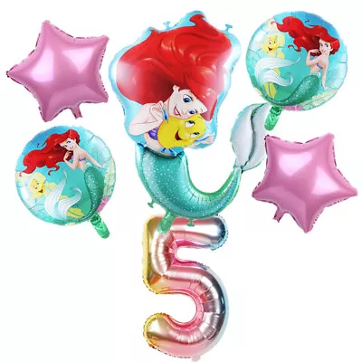 6pcs Mermaid Ariel Cartoon Princess Foil Balloons Baby Girl Birthday Party Decor • £9.49