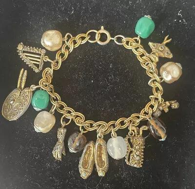 Vintage Etruscan Gold Tone Pearl Green Stone Charm Figural Bracelet 7.5” • $24.99
