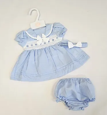 Baby Girls Dress  Smocked Dress & Pants Set Pink Or Blue 0-24 M Spanish • £13.90
