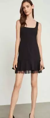 BCBGMaxazria Crepe Scoop Neck Fluted Lace Hem Mini Dress Black Size 06 (UK10) • £12