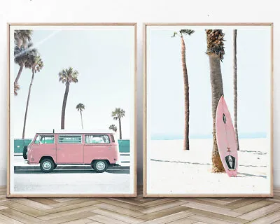 Set Of 2 Retro Van Surfboard Beach Matching Wall Art Prints. Perfect For Framing • $67.23