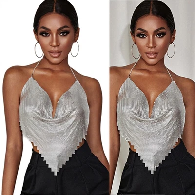 £14.14 • Buy Sexy Shiny Tank-Top Deep V-Neck Halter Metal Body Chain Crop Top Shirt Club