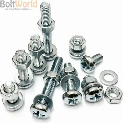 M5 / 5mm ZINC MACHINE POZI PAN HEAD SCREWS BOLTS WITH FULL NUTS & THICK WASHERS • £3.75