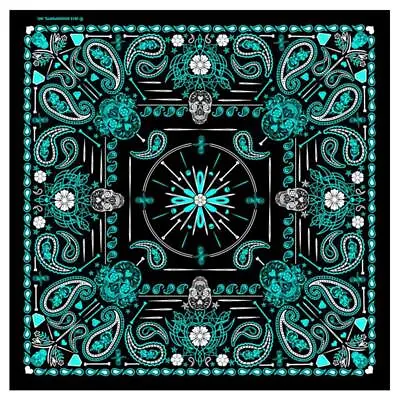 DELUXE TURQUOISE PAISLEY RETRO SKULLS BANDANA 21 X21  Head Hat BIKER  #BAB1072 • $12.49