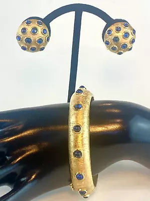 Crown Trifari Brushed Gold Sapphire Cabachon Hinged Bracelet & Earring Set RARE • $212.50