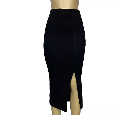 Lyanel Black Ribbed Stretch MIDI One Deep Slit Skirt Womens Size S Casual • $9