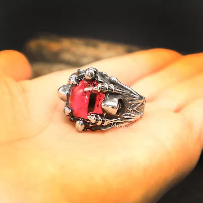 Cool Mens Stainless Steel Dragon Claw Red Evil Eye Eyeball Ring Size 7-15 Gift • $7.99