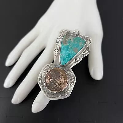 Beautiful LRG Native American Sterling Silver Turquoise Ring W/1864 2 Cent Penny • $145