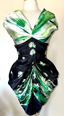 NEW ZAC POSEN CUTOUT BACK DRAPE SATIN COLLECTION DRESS Size 6 MULTI GREEN • $289