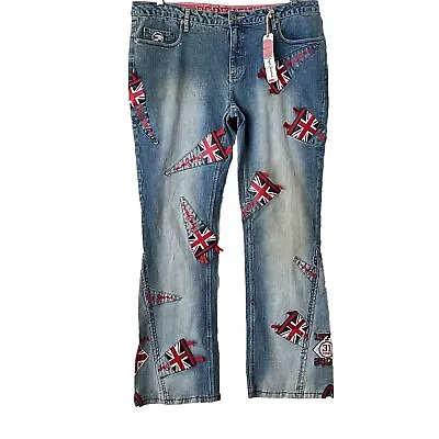 Pepe Jeans London Women Size Blue British Flag Union Jack Patches Flared • £85.51