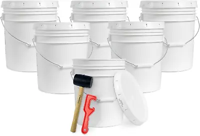 5 Gallon Bucket With Lids Set Of 6 Food Grade Storage BPA Free Durable 90 Mil Al • $81.52
