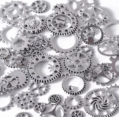 50 X Mixed Cog Gear Charms Pendants Silver Tone 8-41mm Steampunk Craft Jewellery • £3.99