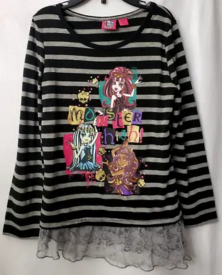 Monster High Long Sleeve T-shirt 7 8 Girl Top Gray Black Stripe Lace Trim School • $19.99