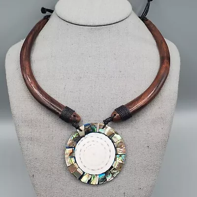 $29.99 • Buy Abalone Cone Shell Necklace Cross Section Pendant Wood Cord Adjustable Slide