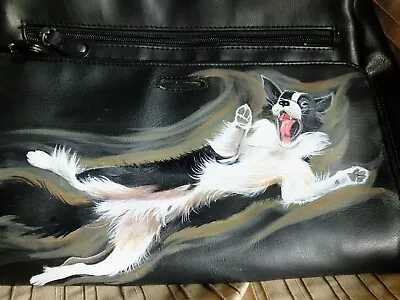 Bhs Black Pu Leather Utility Shoulder Bag Hand Painted Leaping Border Collie • £39.99